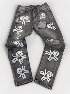 GUAPI Distressed Skinny Jeans Gray Denim Embroidered Logo Streetwear Men's 28